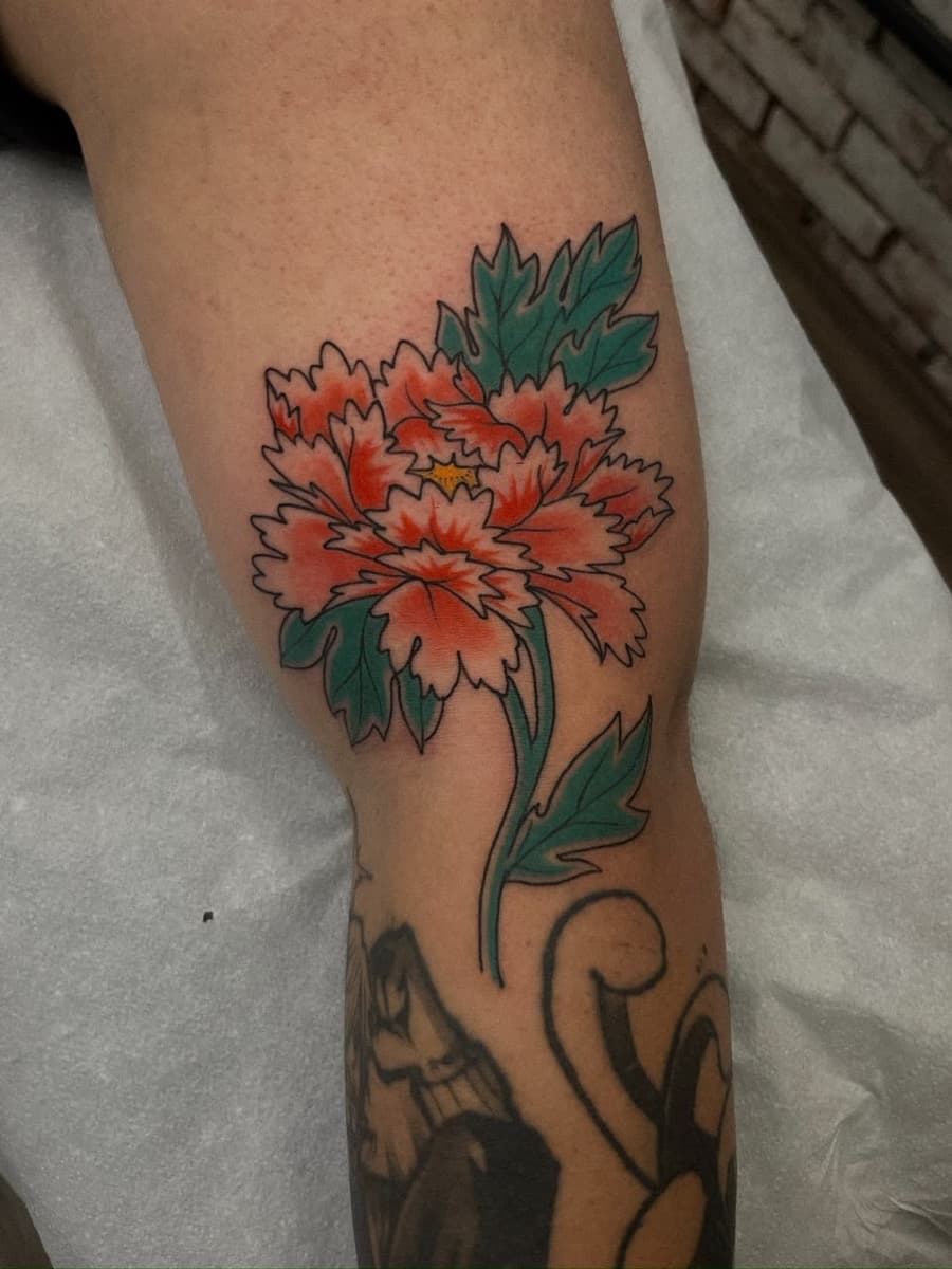 Peônia vermelha no braço, tatuagem do Sergio Miron